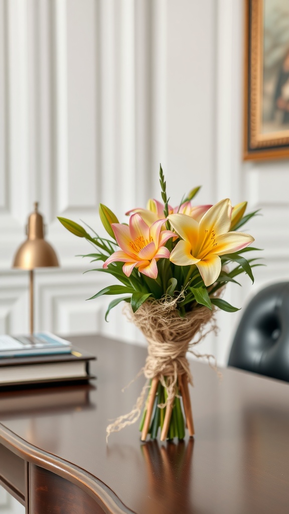 A close-up of a raffia-wrapped bouquet of pink lilies on a desk, with books and a lamp in the background.