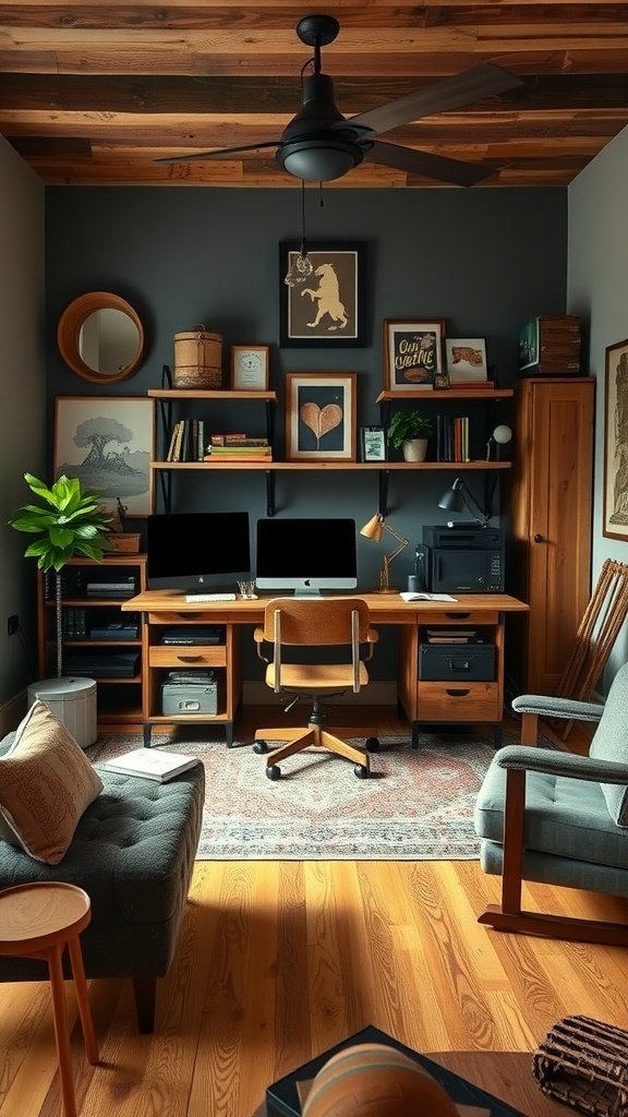 A cozy home office featuring reclaimed wood furniture, a wooden desk, and warm lighting