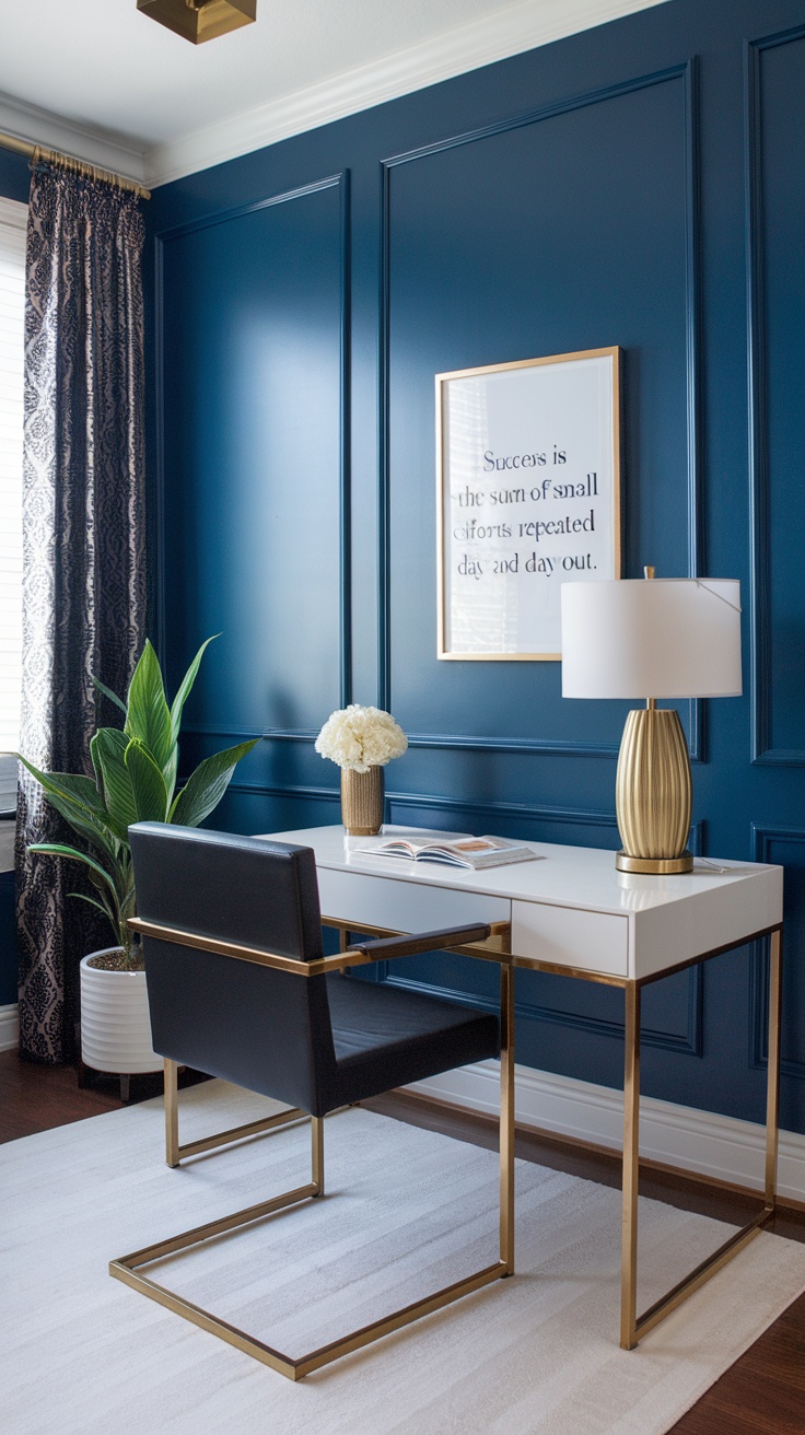 A refined small home office featuring soft gray walls, a classic desk, and chic armchairs.