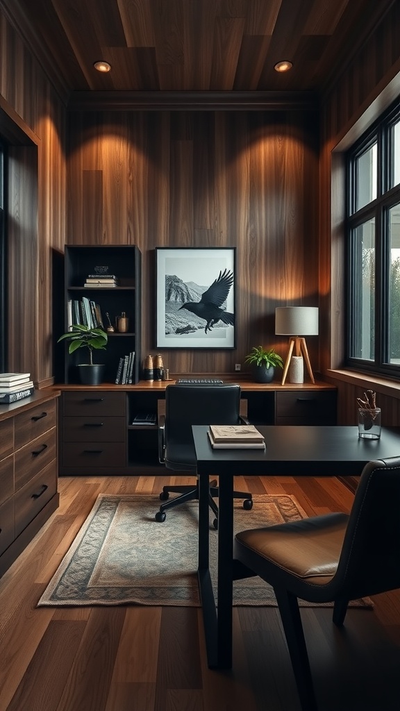 A refined masculine home office with dark wood paneling, a black desk, and warm lighting.