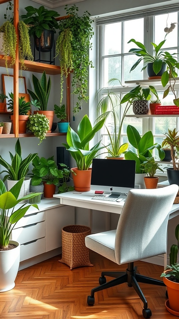 A cozy home office with a desk surrounded by various indoor plants, featuring a computer and a comfortable chair.