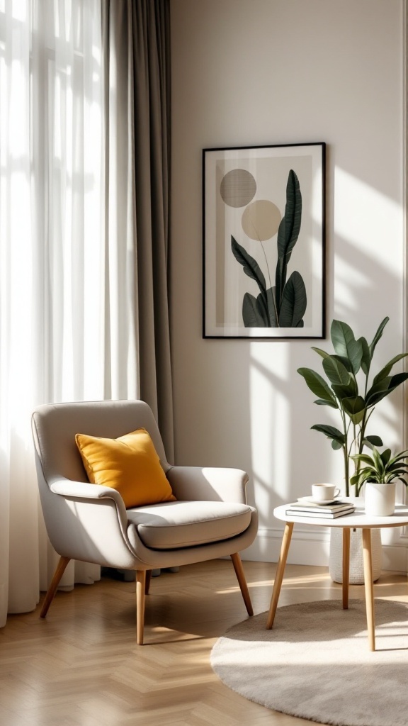A cozy home office corner featuring a comfortable chair, small coffee table, and coffee cup, with plants and natural light.