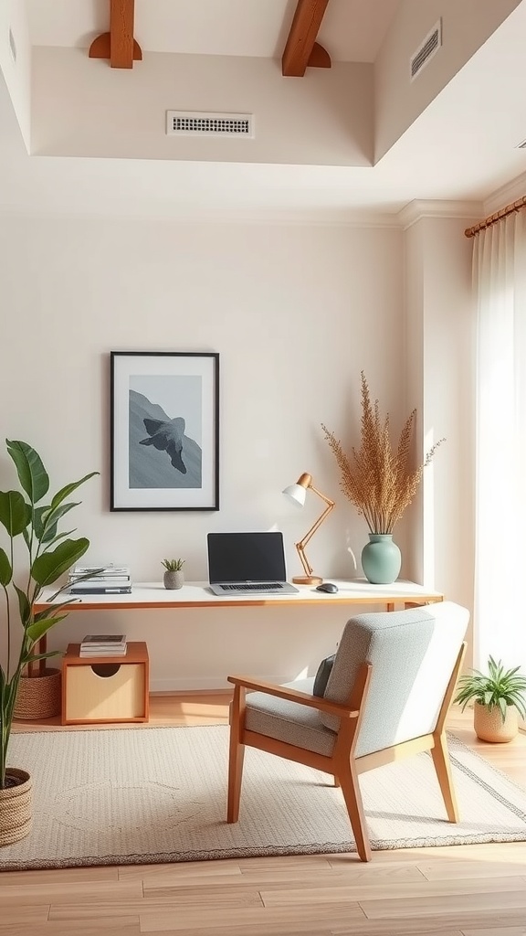 A serene home office featuring Japandi interiors with soft color accents and natural elements.