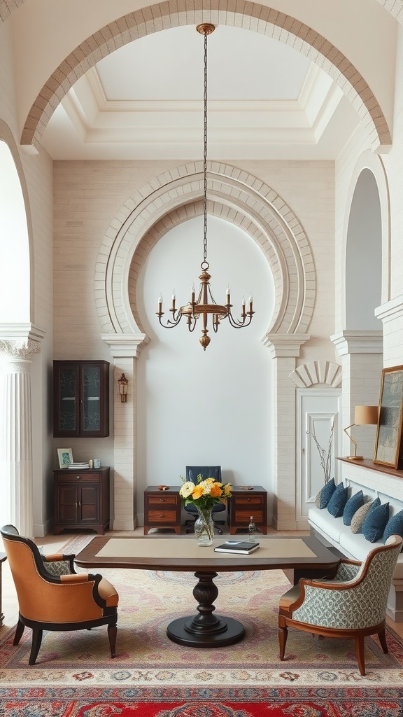A beautifully designed home office with Islamic architecture elements, featuring arches, a chandelier, and elegant furniture.