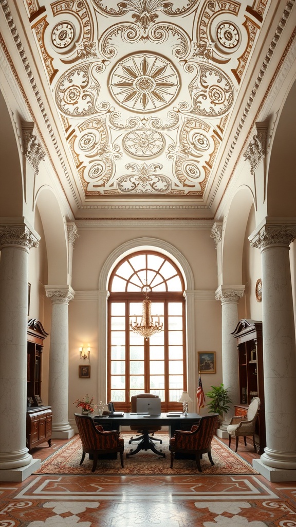 Interior of a grand home office with Renaissance Revival design, featuring an ornate ceiling, large windows, and elegant furnishings.