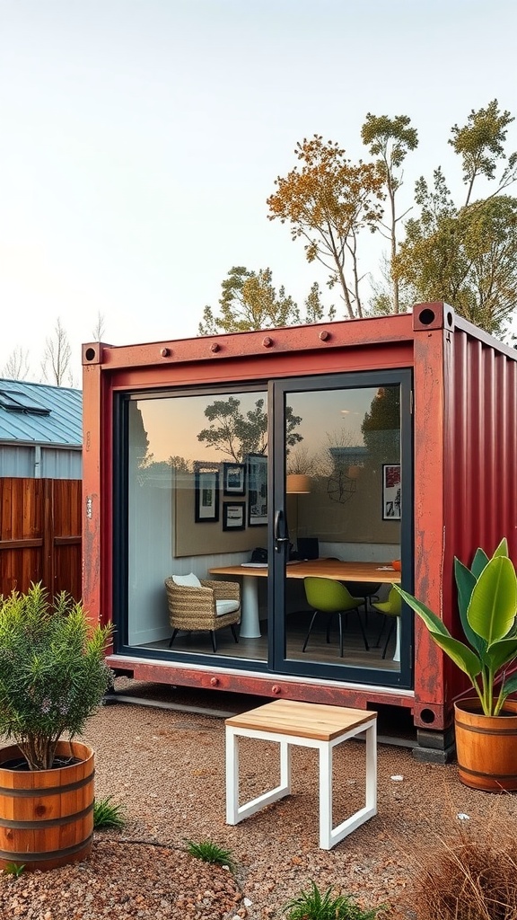 A repurposed red shipping container office with large glass doors, surrounded by plants.