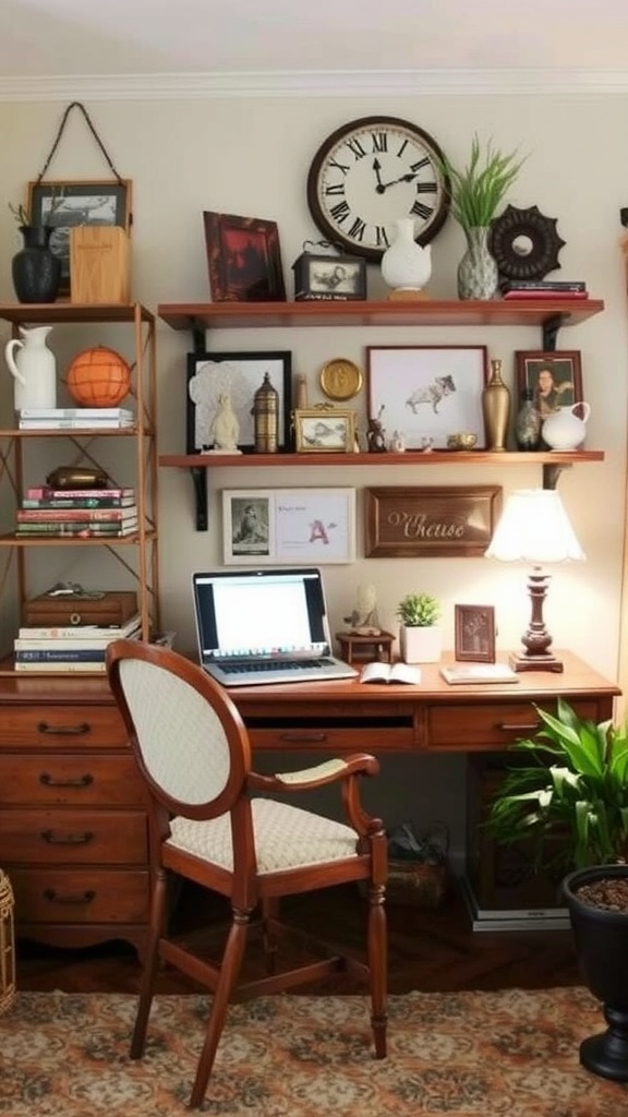 Cozy home office with cottage style furniture and vintage decor