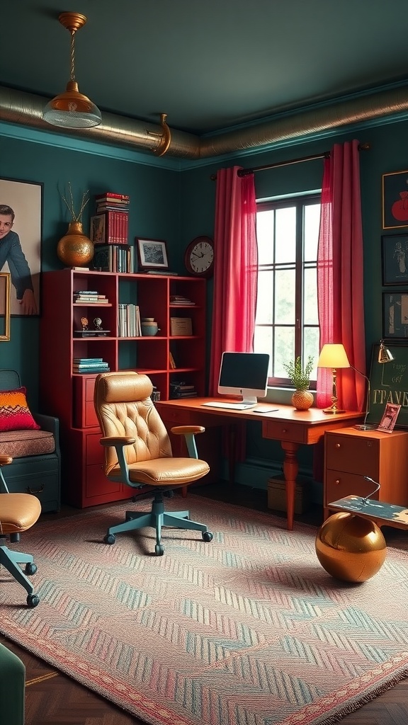 A retro vintage style home office with teal walls, red furniture, and warm lighting.