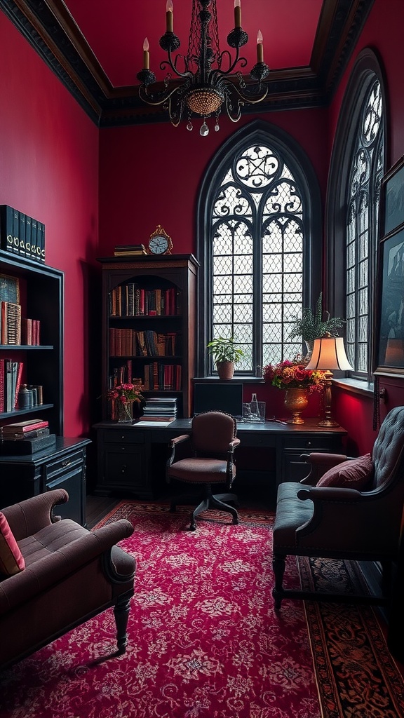 A gothic style home office with deep red walls, gothic rose window, and dark furniture, reflecting dark royalty aesthetic.