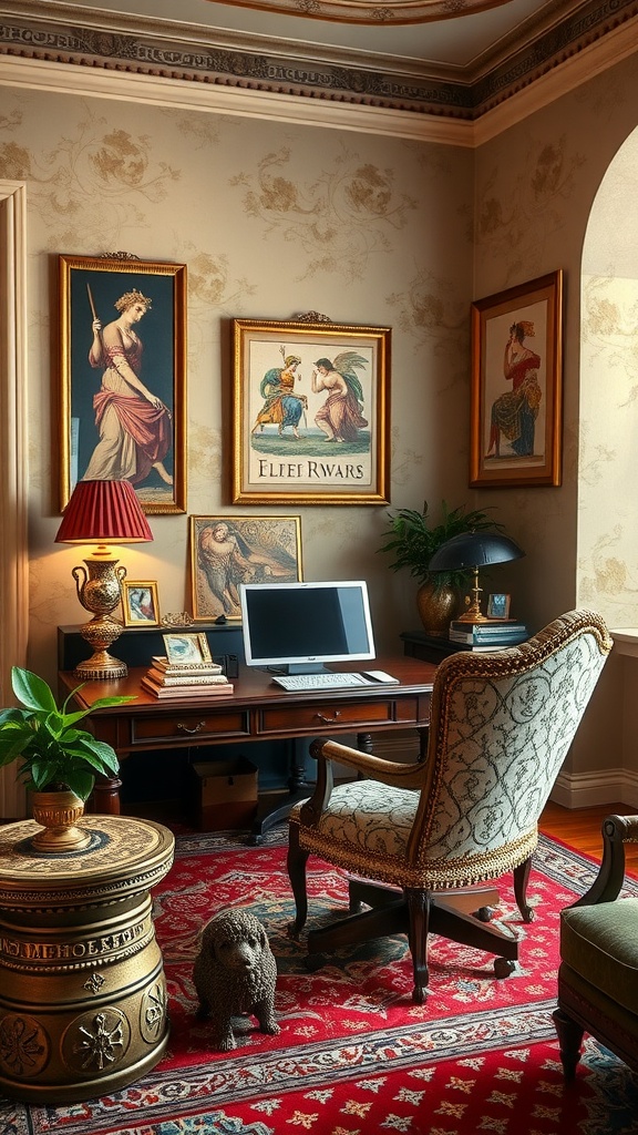 An elegant home office designed with Roman architecture elements, featuring tall columns, art, and traditional furnishings.