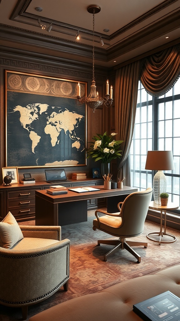 Luxurious small home office with rich textures and elegant decor