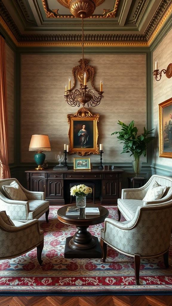 A cozy living room featuring elegant armchairs, a chandelier, and rich textures, reflecting Italian interior design.