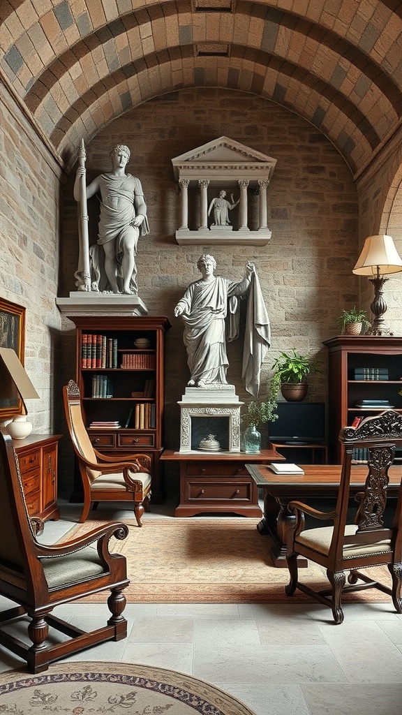 A home office featuring Romanesque Revival style with stone walls, vaulted ceiling, and classical statues.