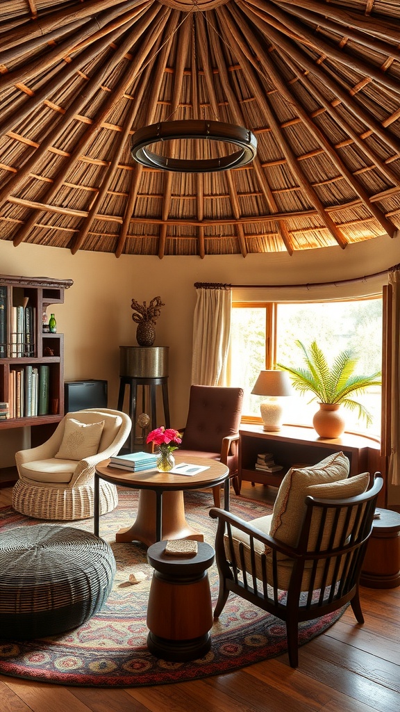 Interior of a rondavel style home office with a thatched roof, modern furniture, and natural decor