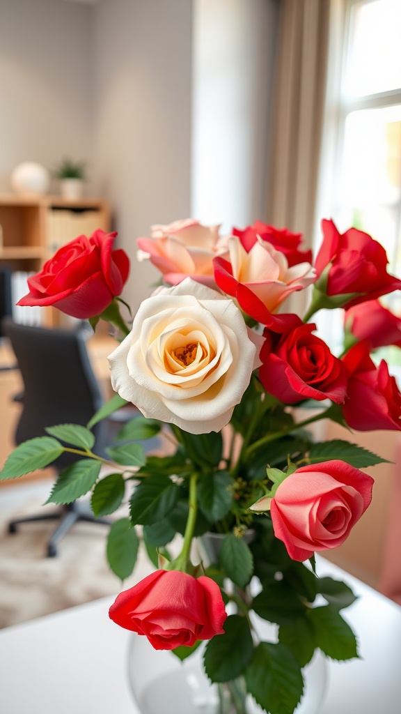 A bouquet of red and white roses in a vase placed on a desk in a home office.