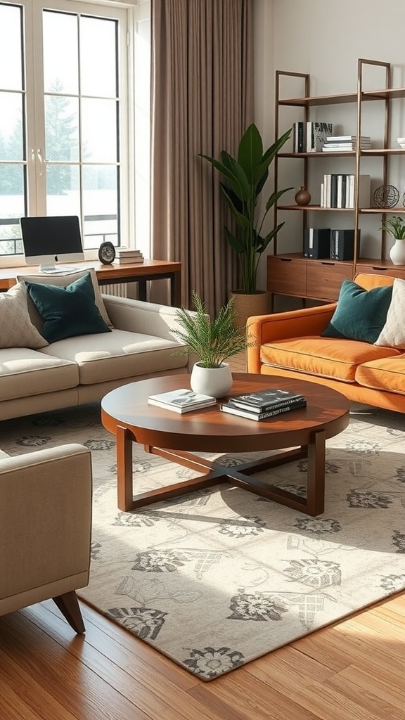 Cozy home office with a round wooden coffee table surrounded by comfortable seating and a plant.