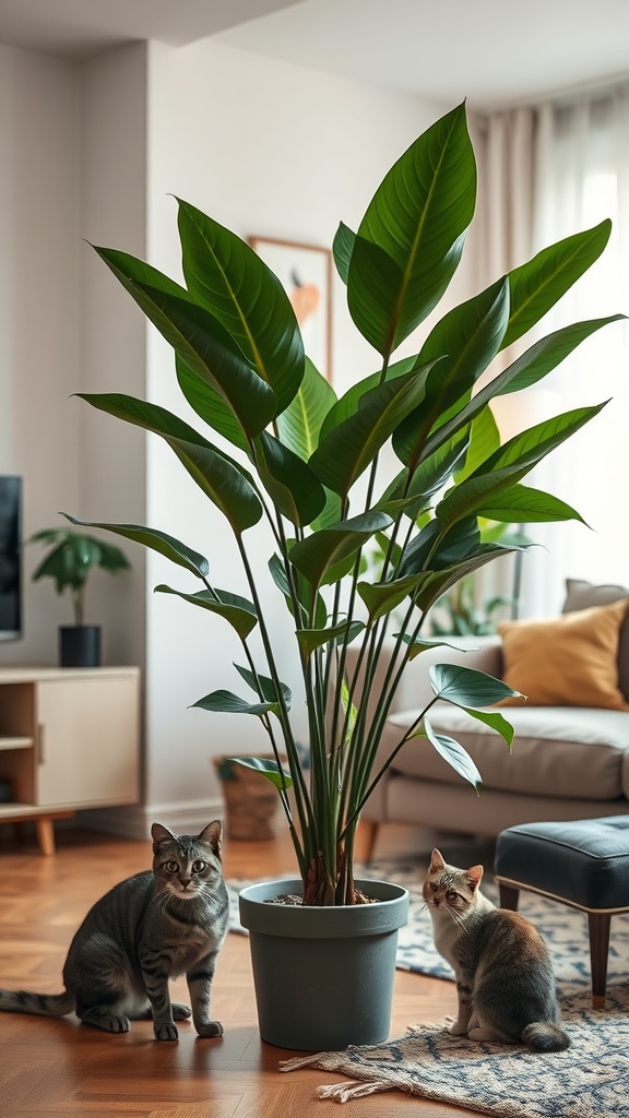 A Rubber Plant with large leaves next to two cats in a cozy living room