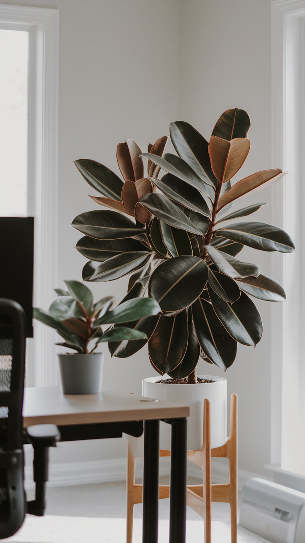 A Rubber Plant in a modern pot, showcasing its large leaves in a bright office setting