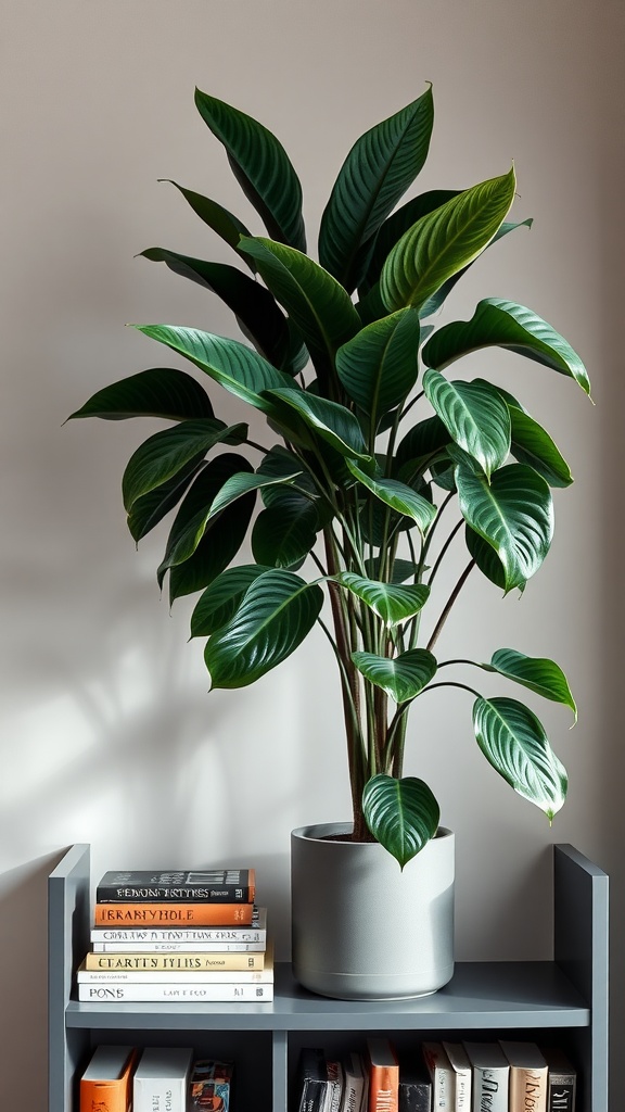 A rubber plant in a stylish black pot placed on a wooden shelf, surrounded by books and decor items.