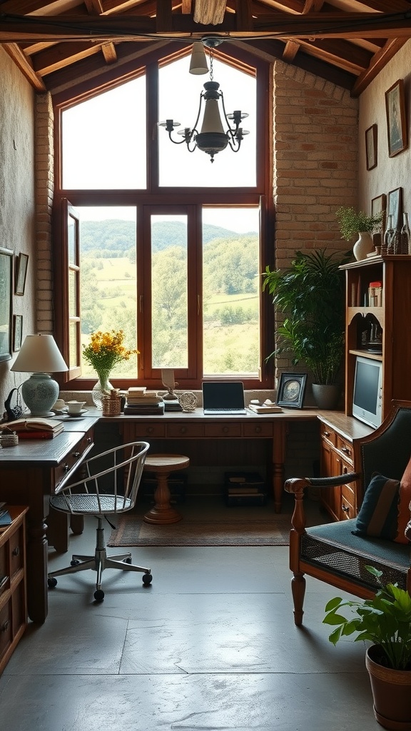 A cozy home office with large windows showcasing scenic hills, featuring wooden beams, a desk, and green plants.