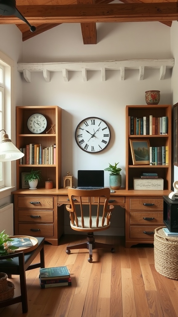 A cozy home office with rustic bookshelves and warm wood finishes, featuring a wooden desk, vintage clock, and potted plants.