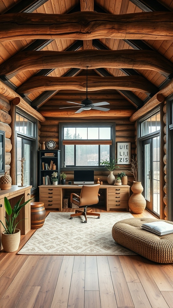A rustic cabin workspace featuring wooden beams, large windows, and cozy furniture elements.