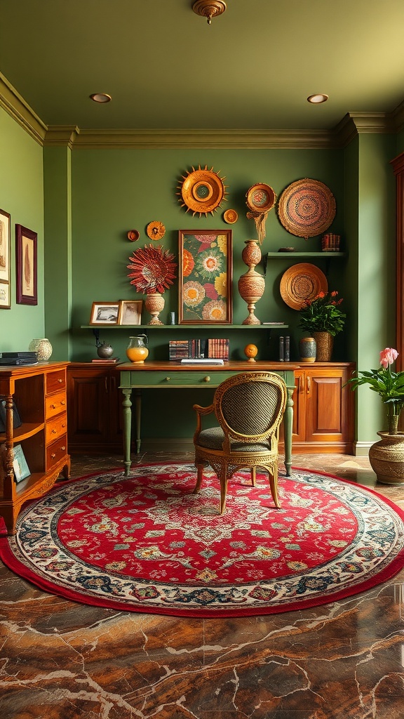 A cozy home office with olive green walls, a vintage desk, and a red patterned rug.