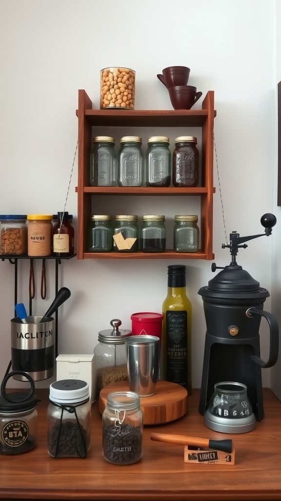 A rustic coffee station featuring a wooden shelf with jars of coffee and spices, a French press, and vintage cups.