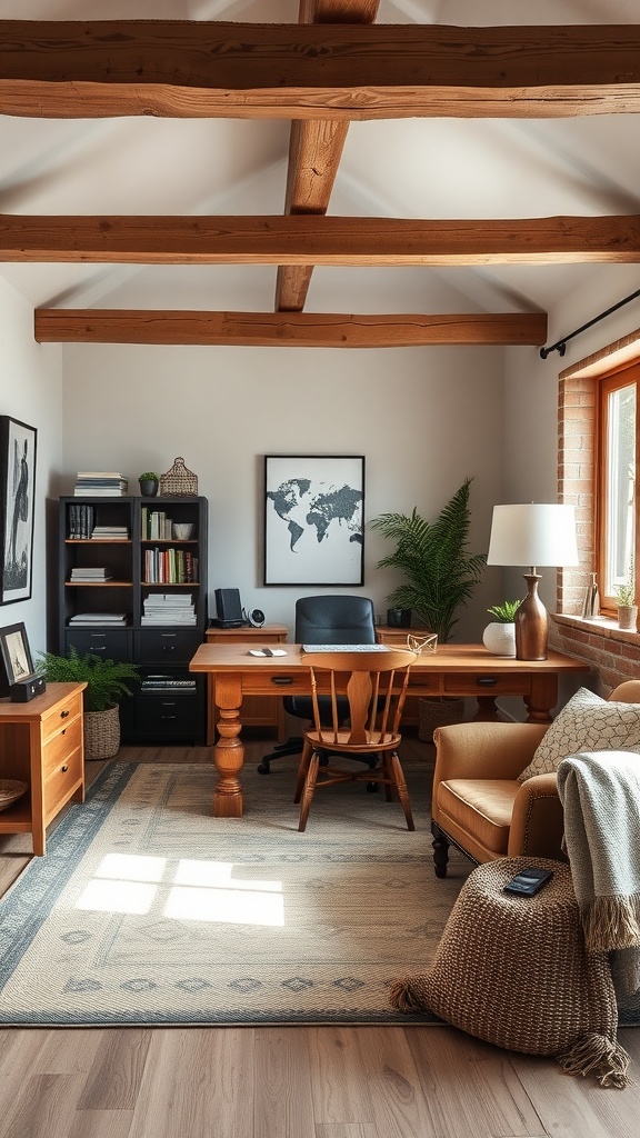 A cozy home office with wooden beams, a sturdy desk, and comfortable seating, adorned with plants and a neutral color palette.
