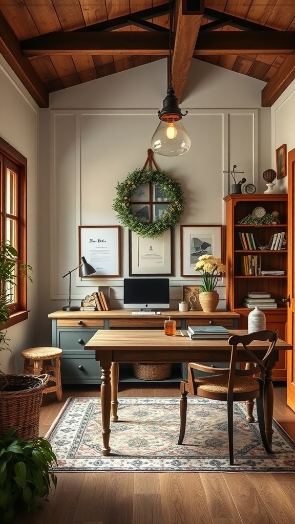 Cozy Italian farmhouse style home office with wooden beams, desk, and plants.