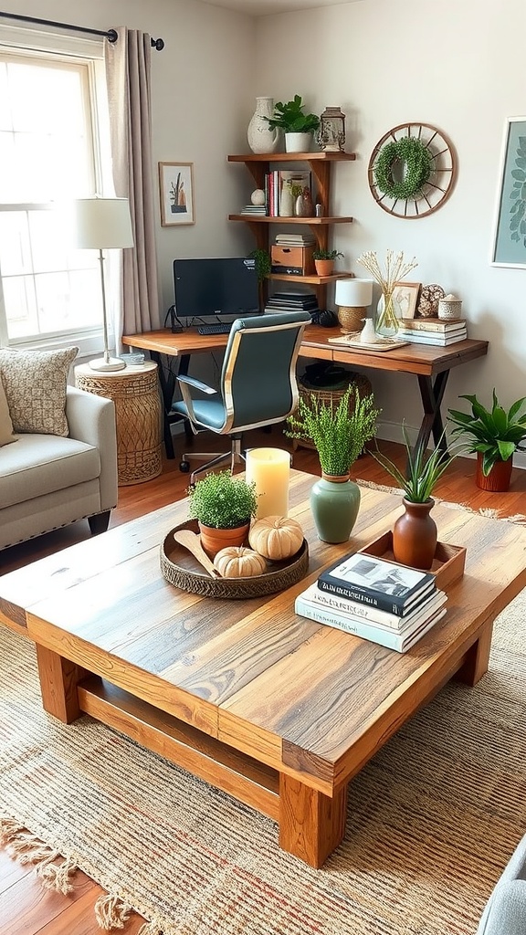 Cozy home office with a wooden coffee table, comfortable seating, and decorative elements.