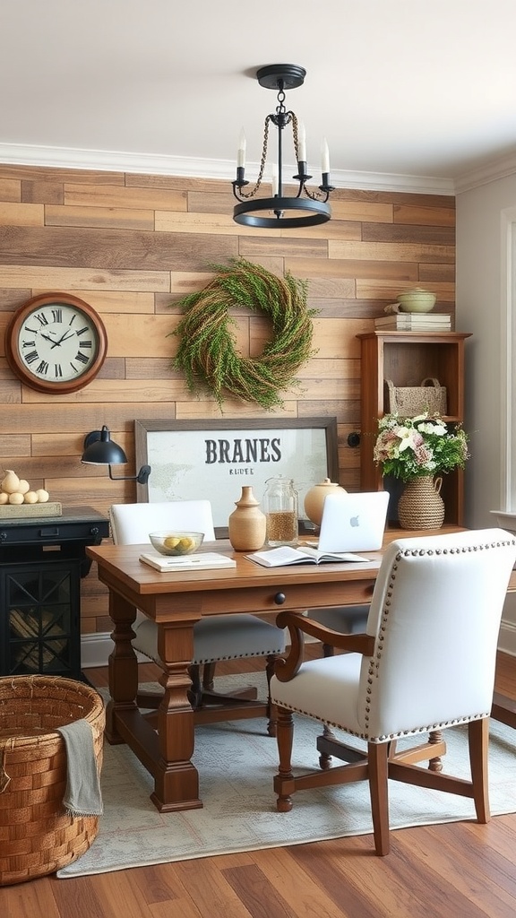 A rustic farmhouse-style home office featuring wooden beams, a wooden desk, and decorative elements in earthy tones.