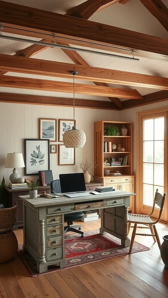 A rustic home office featuring wooden beams, a vintage desk, and cozy decor elements.