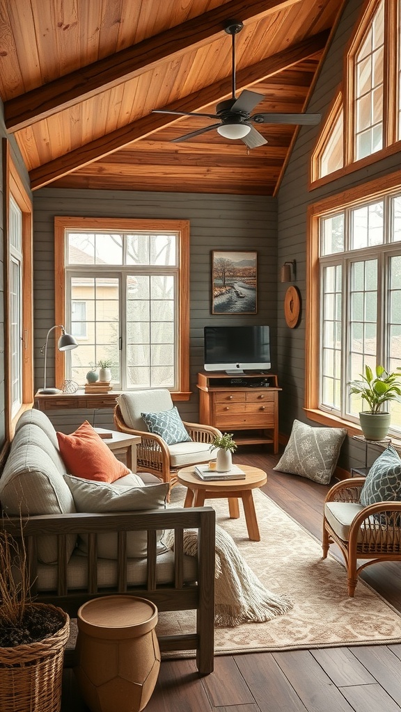 A rustic farmhouse sunroom featuring wooden beams, large windows, and cozy seating, perfect for a relaxing space or home office.