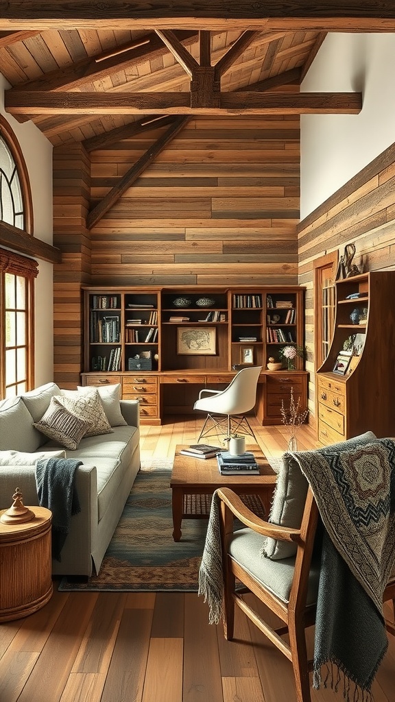 A rustic farmhouse living room with wooden beams, a cozy sofa, a wooden coffee table, and a home office setup.