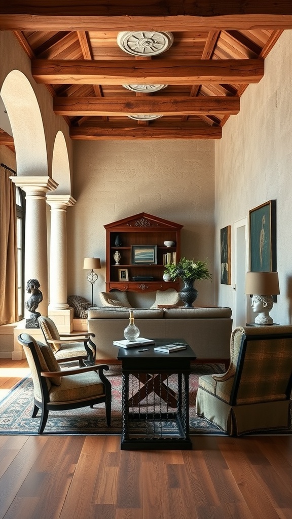 Rustic Greek farmhouse office with wooden beams and elegant decor
