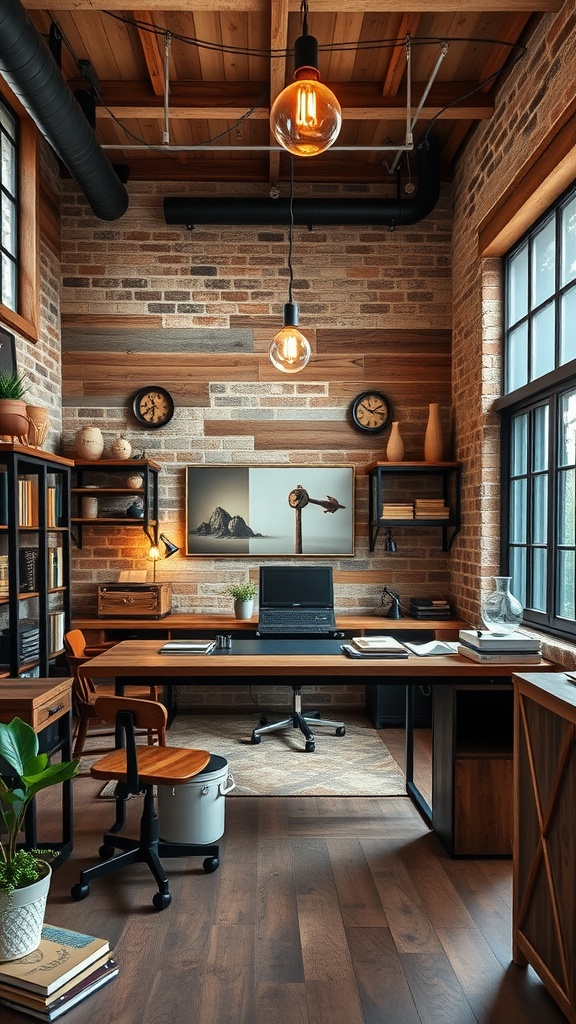 A rustic industrial home office featuring exposed brick walls, wooden beams, and stylish furniture.