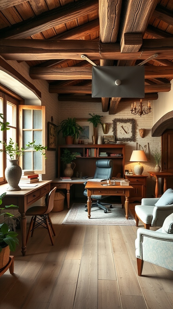A rustic Italian farmhouse workspace featuring wooden beams, a classic desk, and green plants.