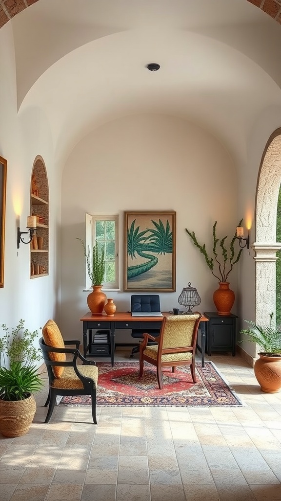 A rustic Mediterranean home office with arched ceiling, wooden desk, and potted plants.