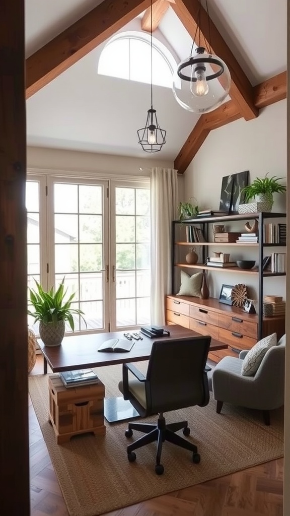 A rustic modern home office featuring wooden furniture, large windows, and indoor plants.