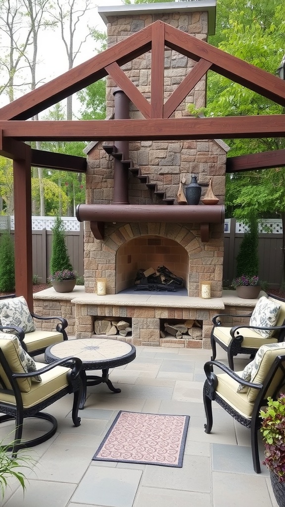 A rustic outdoor fireplace made of stone, surrounded by comfortable seating and greenery.