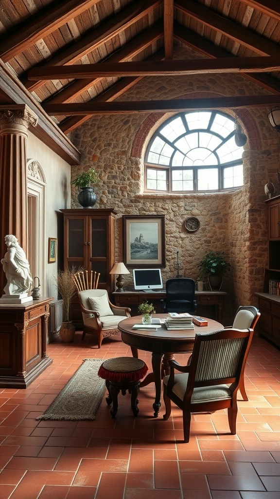 A rustic home office with stone walls, wooden beams, and classic furniture, reflecting Roman architecture.