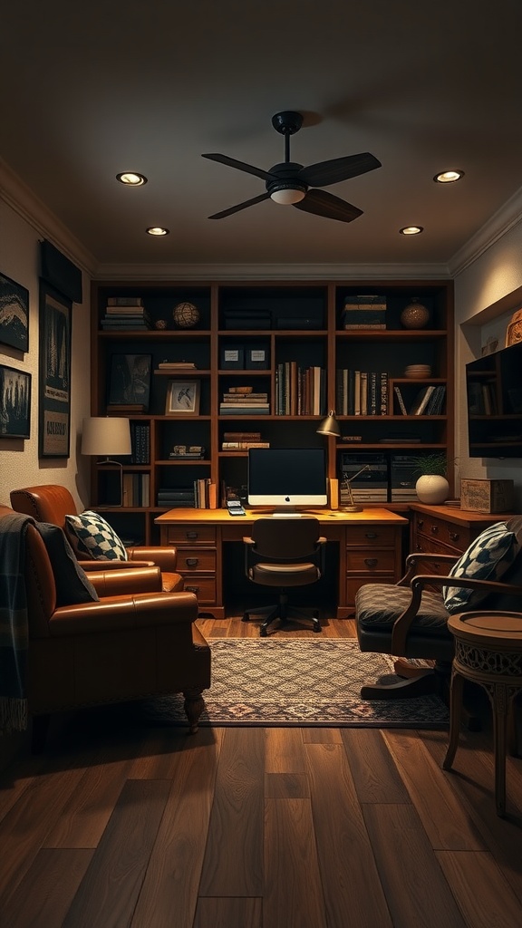 A cozy rustic home office featuring wooden bookshelves, leather chairs, and warm lighting.