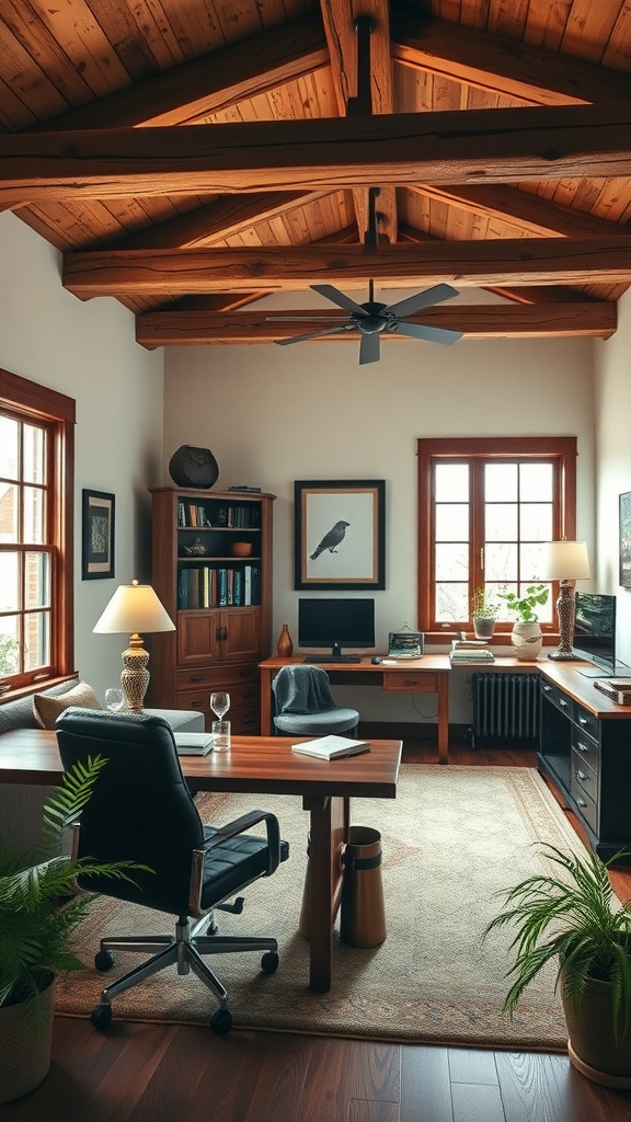 A cozy home office with rustic wooden beams, featuring modern furniture and plants.