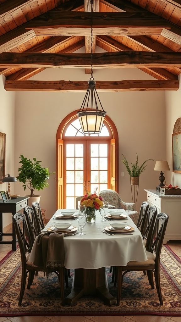 Interior featuring rustic wooden beams and a large dining table