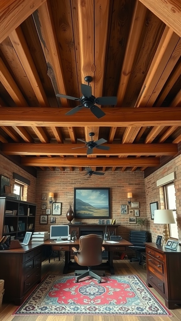 Image of a man cave office featuring rustic wooden ceiling beams