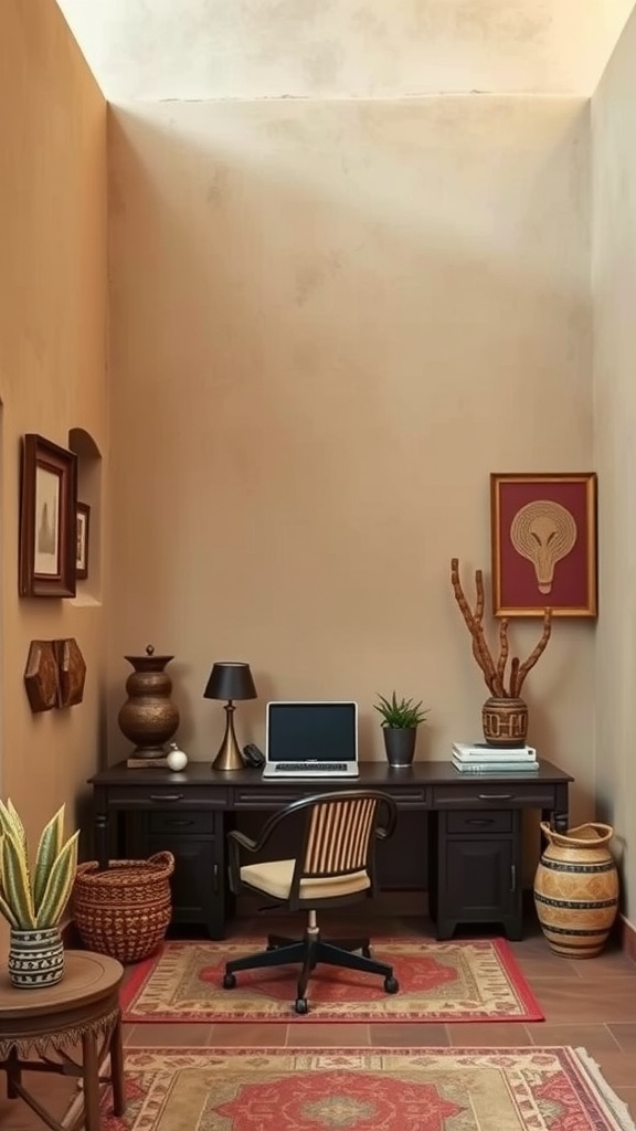 A stylish home office inspired by Saharan adobe architecture, featuring warm earthy tones, a wooden desk, and decorative elements.