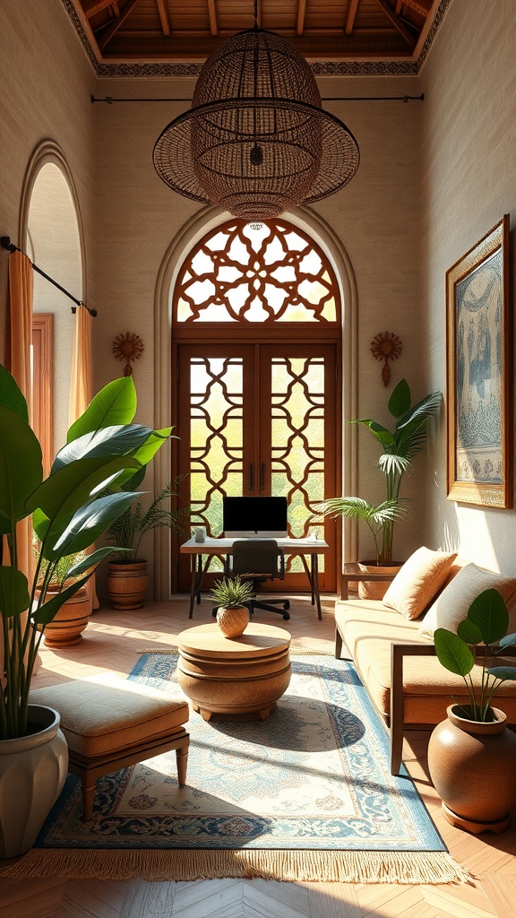 A serene home office with Islamic architectural elements, featuring intricate window designs, lush plants, and natural light.