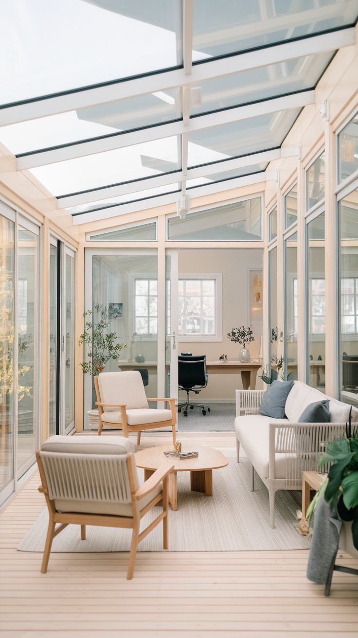 A bright and airy Scandinavian-inspired sunroom with a desk, plants, and cozy seating.
