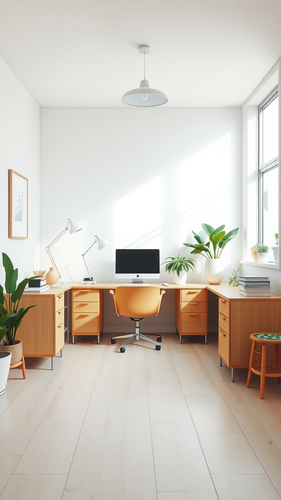 A minimalist office space featuring light-colored walls, wooden desks, and plants, with a bright atmosphere and modern design.